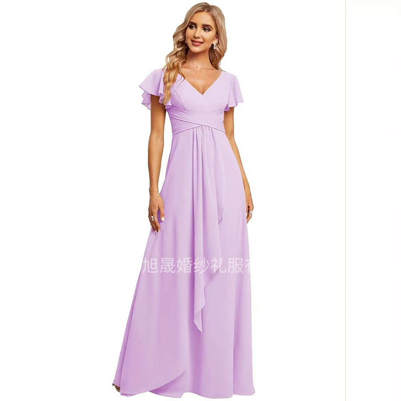 Amazon 2026 European and American Cross-Border Chiffon Solid Color V-Neck Slim Long Dress Christmas Party Dress Bridesmaid Dress
