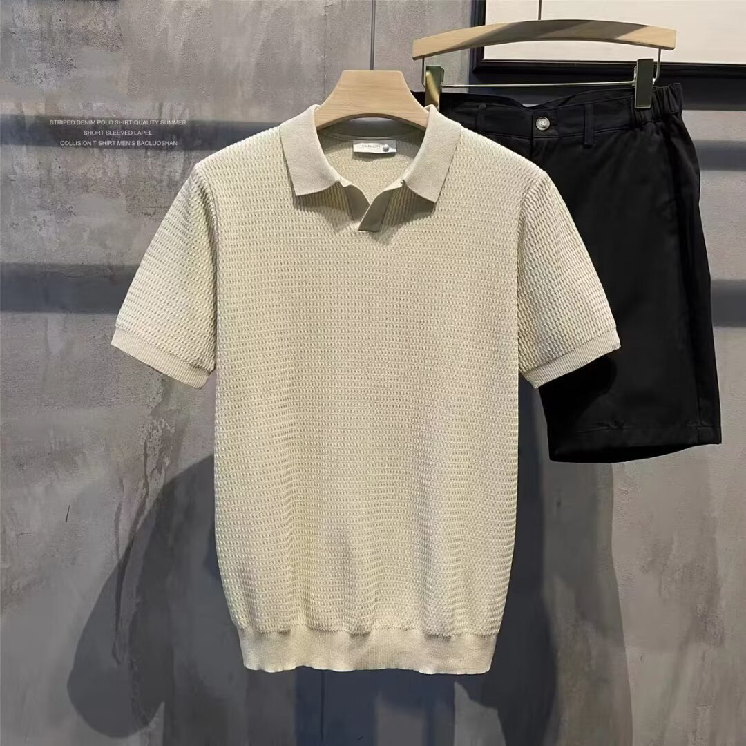 Verano nuevo suéter de punto de seda de hielo de manga corta camisa POLO para hombre con cuello en V camiseta de textura de negocios delgada comercio exterior transfronterizo transfronterizo