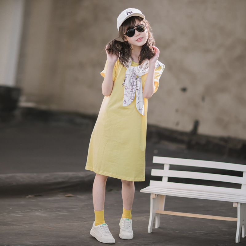 ¡Cuello de chal! Vestido de verano para niñas 2024 nuevo estilo vestido de verano para niños de mediana edad y estilo occidental de moda para niños