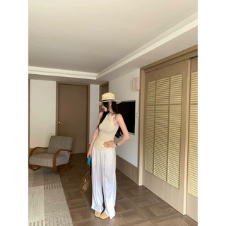 【韩系现货】莱赛尔天丝设计感不规则挂脖背心夏新款黄色无袖吊带