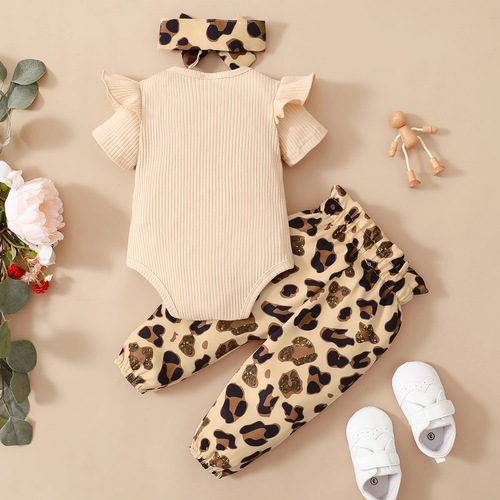 Amazon eBay Girls' Summer Cute Fashion Knit Three-Piece Set Short Sleeve Tunic Top Leopard Print Set