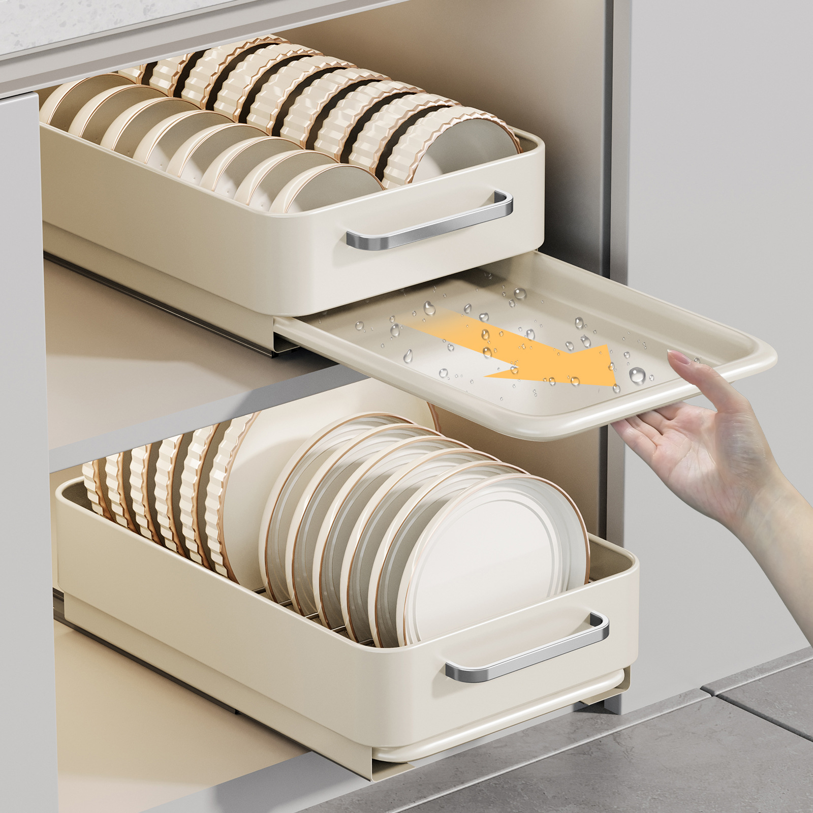 Kitchen cabinet built-in drawer plate and bowl separator plate storage rack pull-out shelf cabinet inside bowl rack storage rack