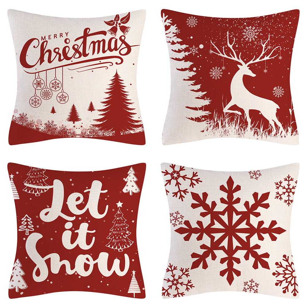 跨境新款圣诞抱枕套亚麻 麋鹿雪花圣诞树装饰靠枕垫套亚马逊家居