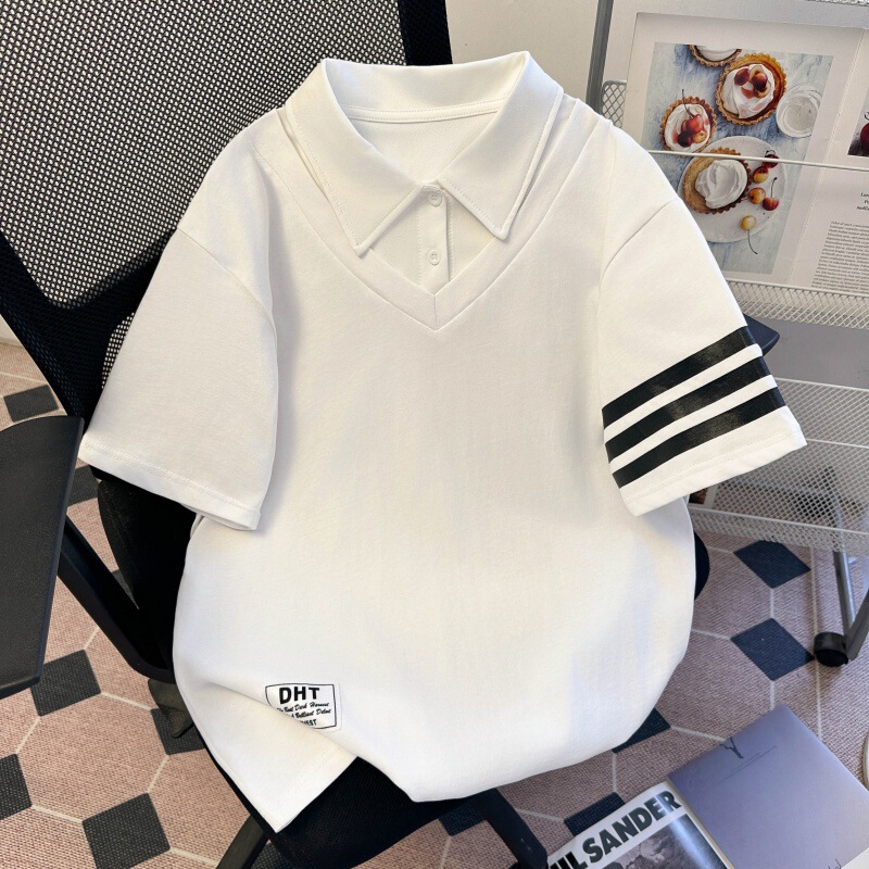 Academy-Style Polo Shirt with Turn-Down Collar, Short-Sleeve Couple's Outfit, Pure Cotton, Loose Fit, Versatile Striped T-Shirt Top, Niche European Goods
