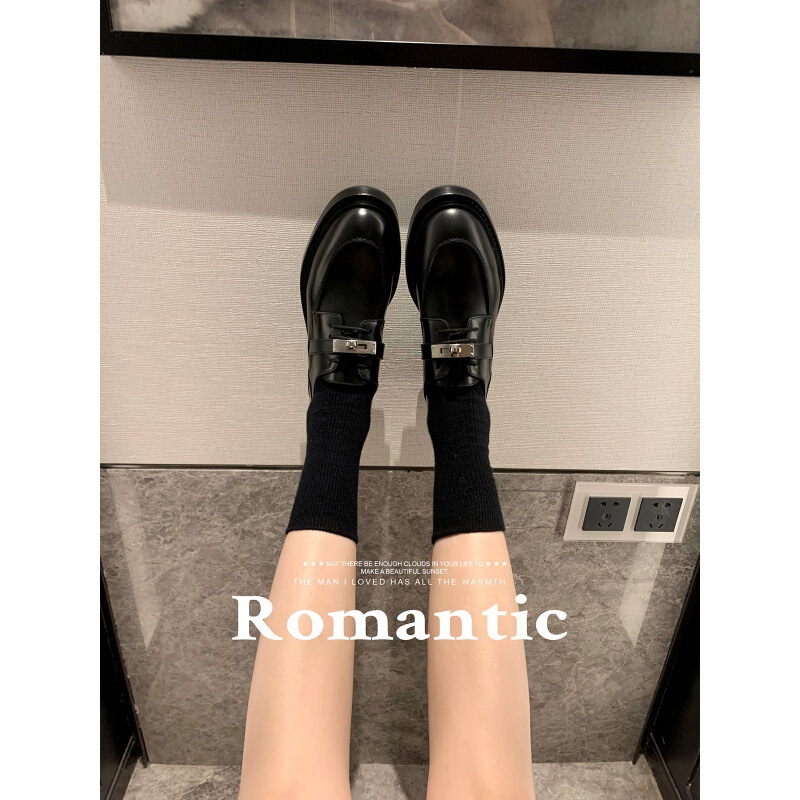 Grape Mom Same Style ~ Cowhide Version ~ Autumn New British Silver Buckle Love Single Shoes Thick Bottom Thick Heel Oxford Small Leather Shoes Women