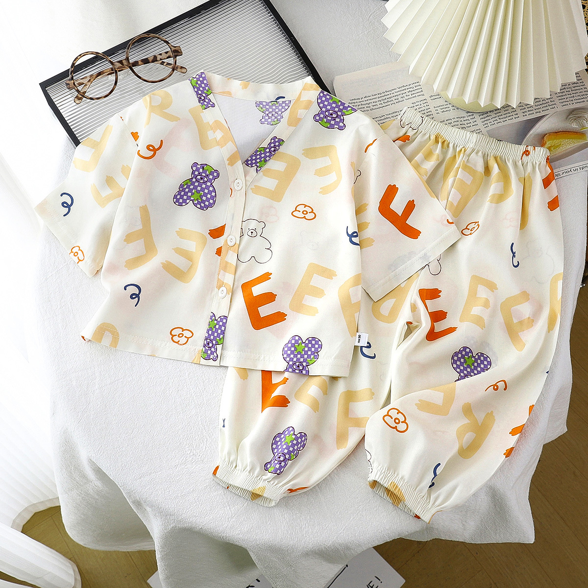 Ropa de hogar para niños, traje de seda de algodón, pijamas de verano para niños y niñas, ropa de algodón de dos piezas, ropa de aire acondicionado de seda de algodón de dos piezas, ropa para niños