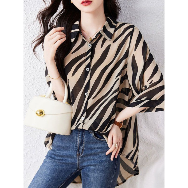 스트라이프 자외선 차단 셔츠, 쉬폰 셔츠, 여자 얼룩말 무늬 루즈 셔츠, 뚱뚱한 여자 배 커버 슬리밍 탑