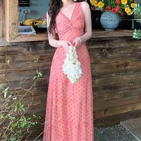 [Bordeaux Movement] French-Style Polka Dot Dress for Women 2026 Spring and Summer New Pink Slim-Fit Summer Long Dress