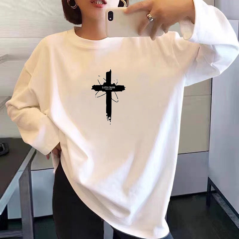 Camiseta de manga larga de algodón puro para mujer Camiseta blanca de talla grande grasa MM suelta de moda para mujer camisa de fondo 2025 primavera y otoño top