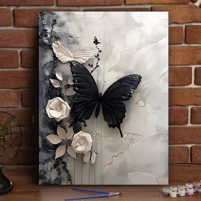 数字油画diy填色蝴蝶高级感轻奢墨蝶油画高颜值治愈系风景装饰画