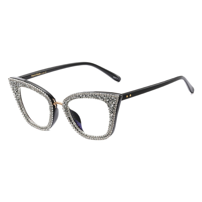 A97093 nueva moda ojo de gato anti-azul gafas de luz gafas ópticas de marco completo de moda punto diamante gafas lisas para mujeres