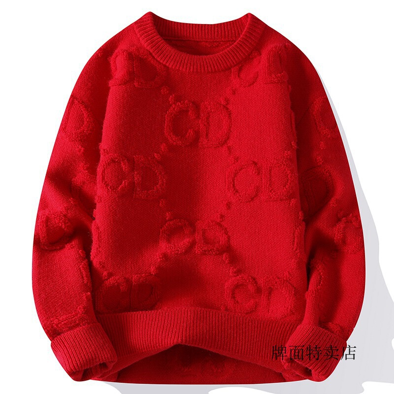 Sweater Men's Autumn and Winter Chinese Red Thickened Crewneck Soft Waxy Knitted Shirt Loose All-match Couple's Base Shirt for New Year Celebration