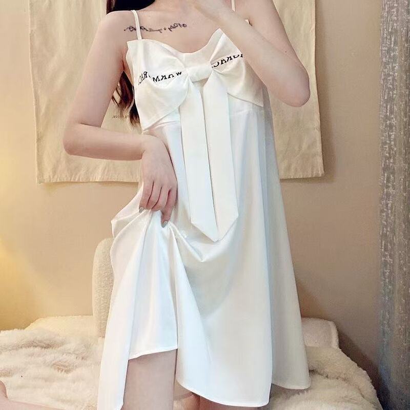 Plus Size 150kg Women's Summer Nightgown for Fat Girls, High-End Internet Celebrity Style, Pure Desire White Bowknot, Premium Loungewear