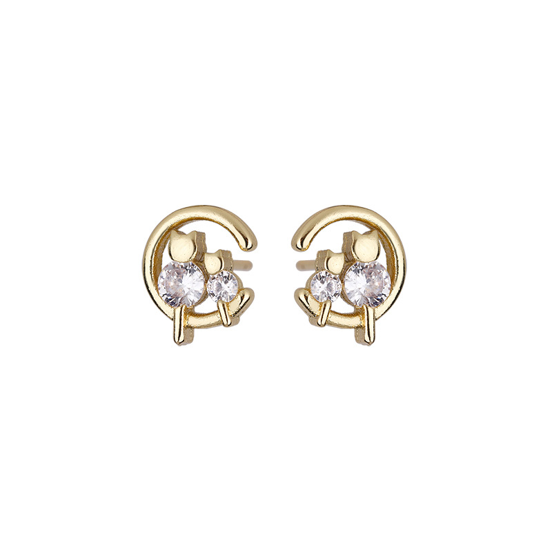 Fashion Moon Cat Copper Inlay Zircon Ear Studs 1 Pair display picture 4