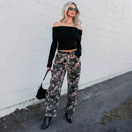 跨境欧美美式迷彩牛仔裤女 花卉玫瑰印花牛仔裤子INS独立站亚马逊