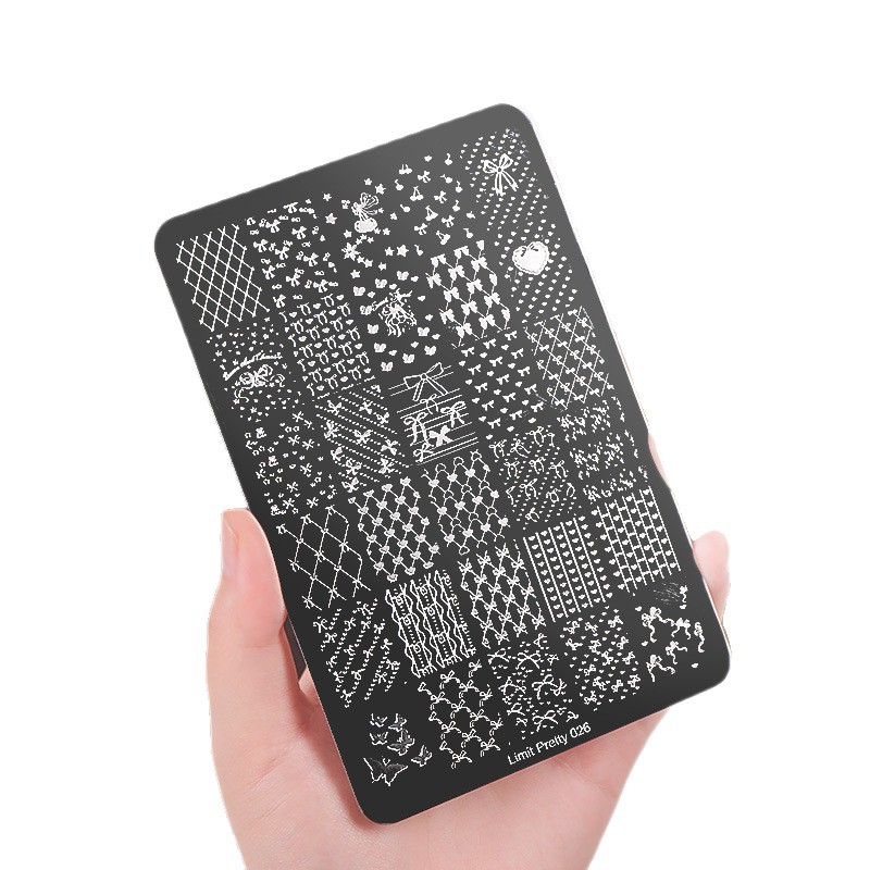 Placa de acero para decoración de uñas, gel de transferencia para decoración de uñas, placa de acero con diseño de mariposas, rejilla, encaje, estampado francés a cuadros, herramientas para decoración de uñas