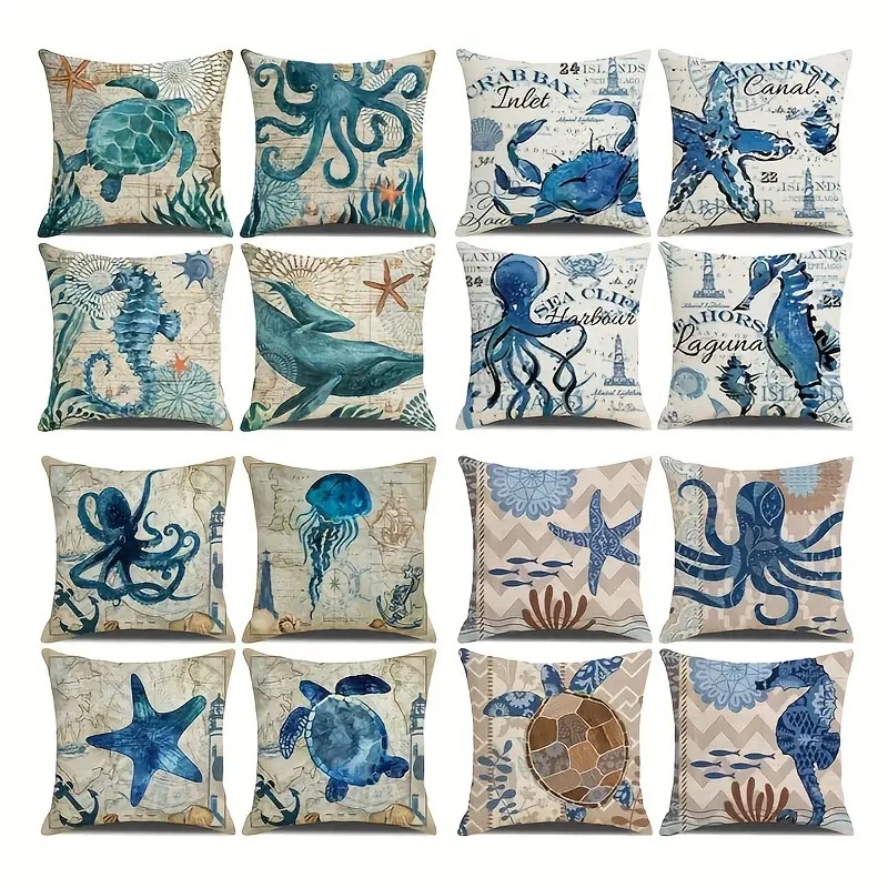 2024 Estilo explosivo transfronterizo Animales marinos Mundo submarino Patrón Funda de almohada Bandera de mesa de sala de estar con estampado de lino de Amazon image 1