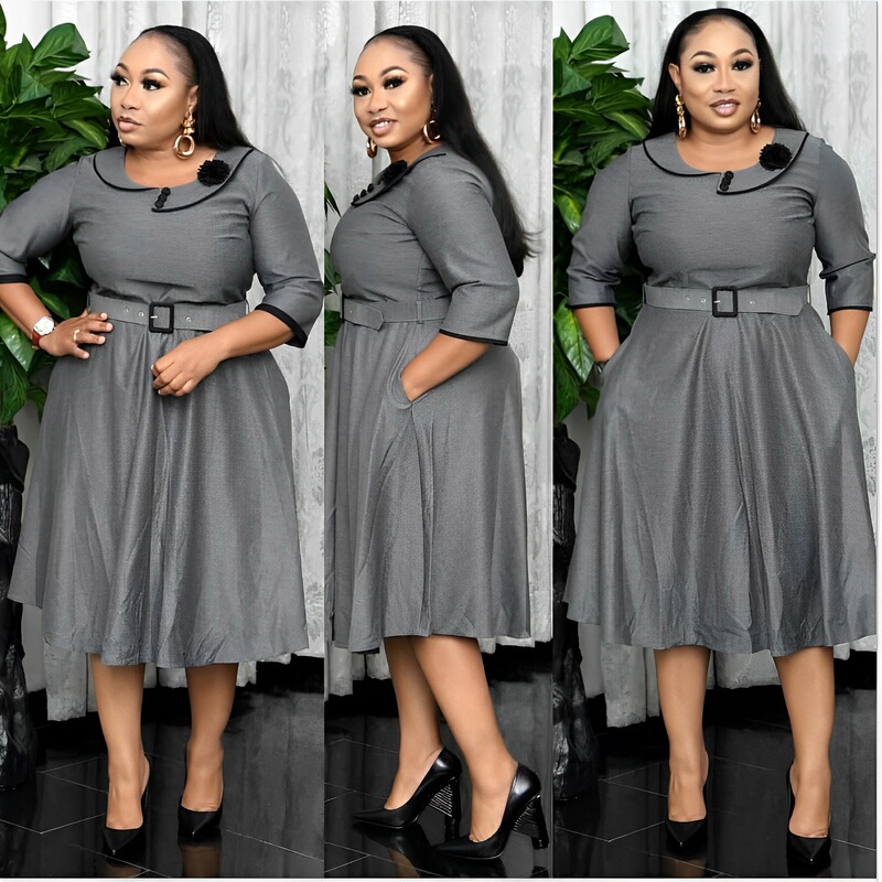 Cross-border New African Large Size Women's Clothing Mother's Solid Color Corsage Belt Large Swing Dress