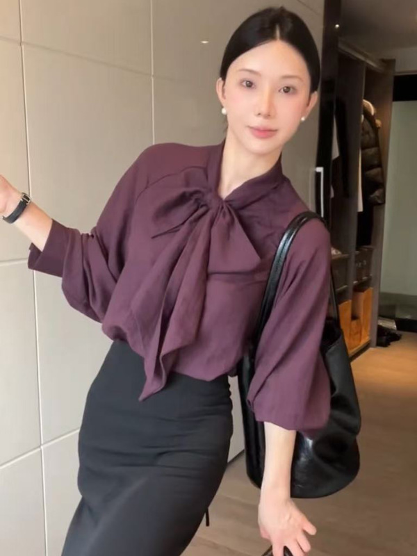 时尚通勤蝴蝶结系带领长袖衬衫女高级感气质小资别致修身百搭上衣|undefined