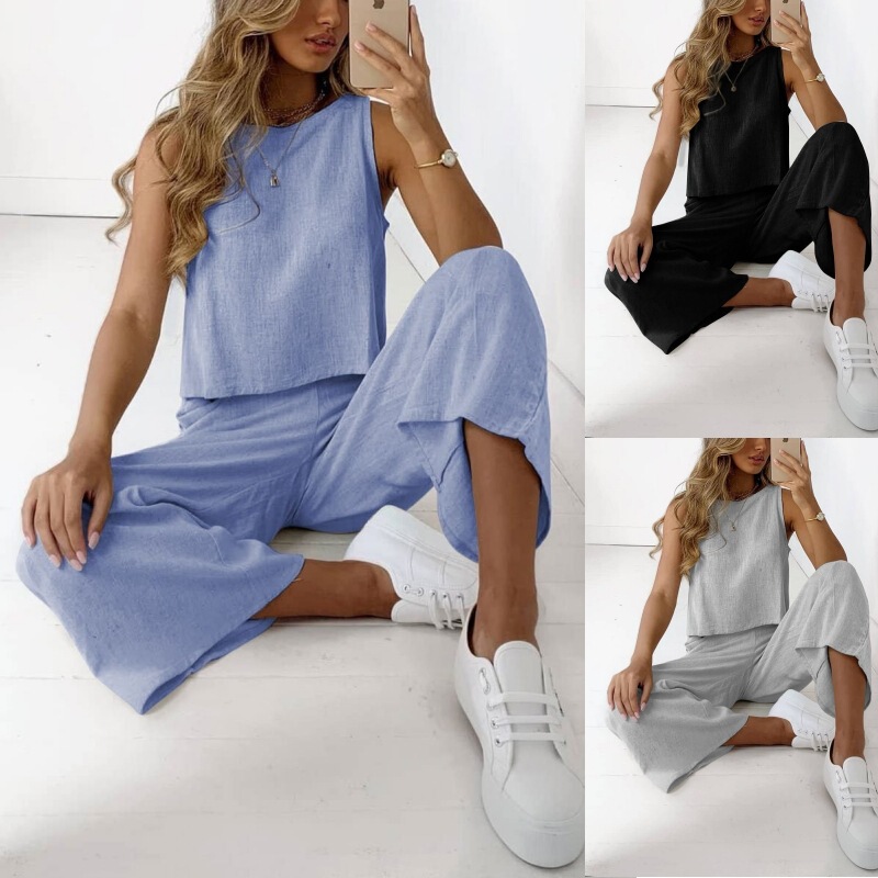 Amazon Explosions 2025 Summer New Cotton and Linen suit European and American Sleeveless Top Nine Wide Leg Pants Two-Piece Set for Women Amazon Explosions 2025 Summer New Cotton and Linen suit European and American Sleeveless Top Nine Wide Leg Pants Two-Piece Set for Women