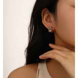 日韩简约复古珐琅墨蓝宫廷白花 素雅古董感耳圈耳钉耳环