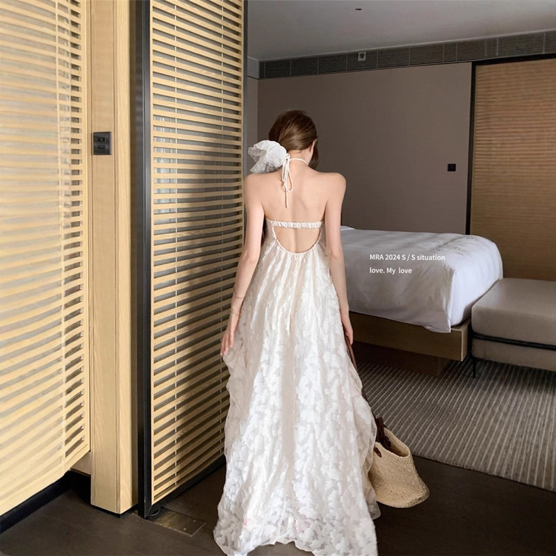 French Style Neck dress Women's Summer Seaside Vacation Big Backless Fairy Long Dress Super Fairy Loose A- line Dress