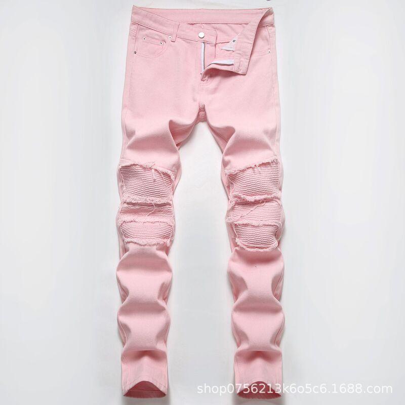 Ripped Pink Straight-Leg Jeans for Men, New Spring/Summer Style, European and American High Street Casual, in Stock