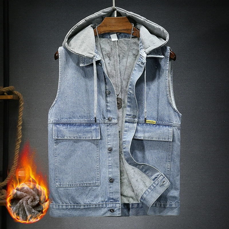 Трансграничный модный мужской теплый жилет, СВОБОДНЫЙ Модный утолщенный жилет, съемный джинсовый жилет с капюшоном на флисовой подкладке, мужской