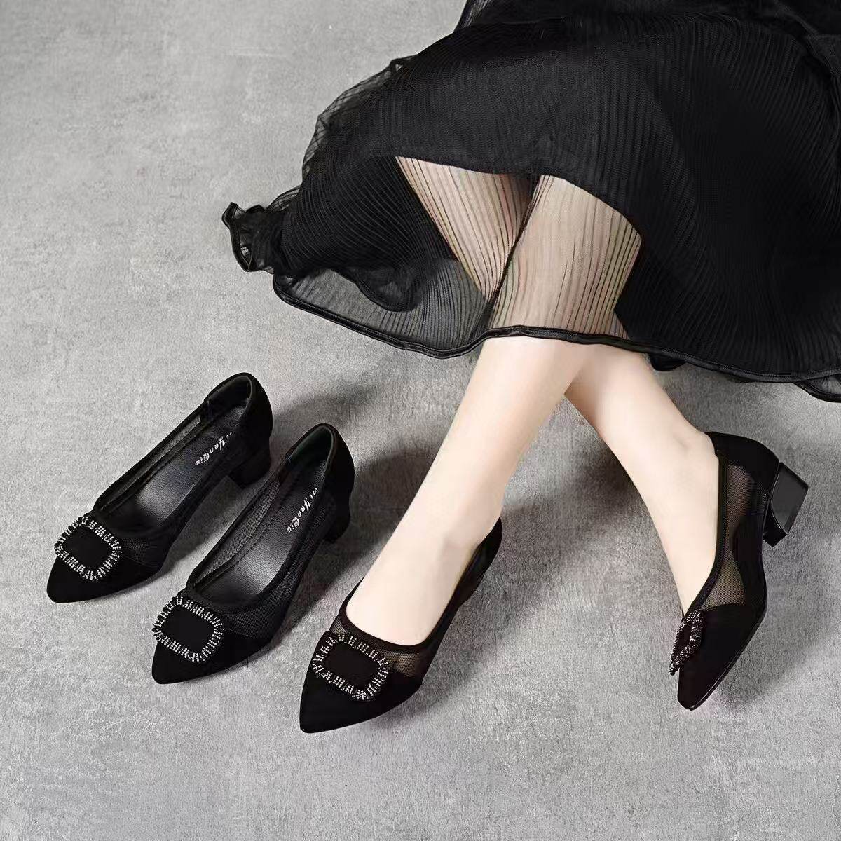 Sandal nữ mũi nhọn chất da, gót thô 3 cm, đế mềm thoáng khí — Đen 3cm chi tiết 1