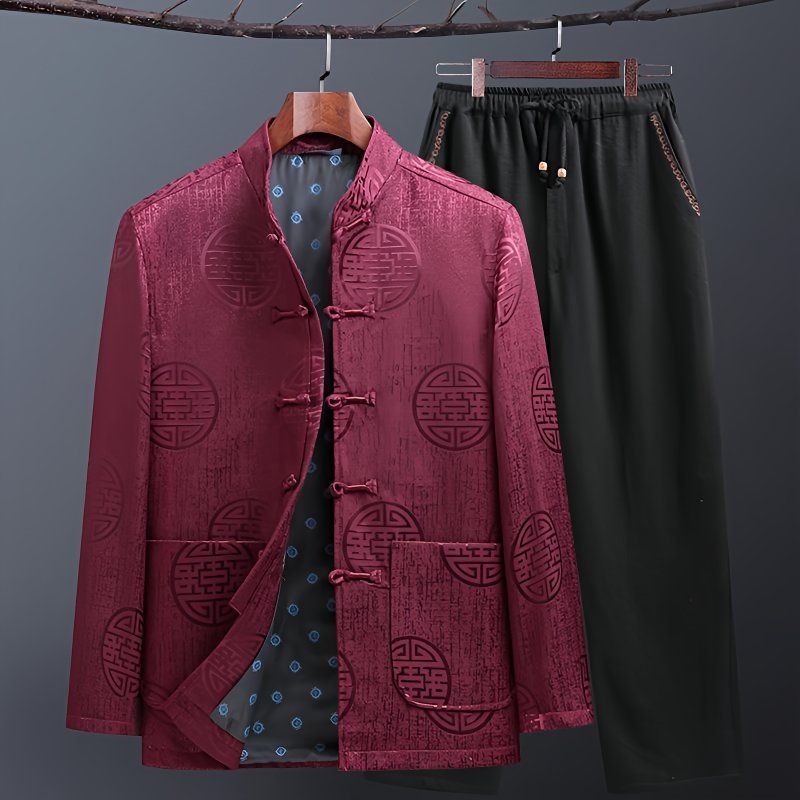 中老年唐装男爸爸长袖套装老人爷爷生日过寿衣服中国风春秋装外套