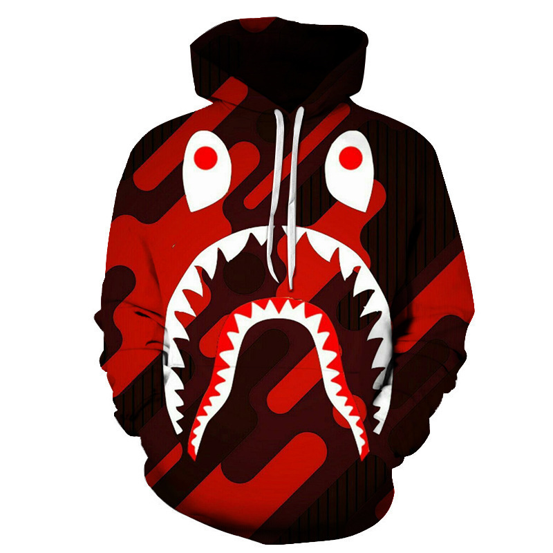 Factory Direct Sales European and American Trendy Brand Same Style 3d Digital Printing Pullover Shark Head Sweatshirt Men's and Women's Hooded Sweatshirt