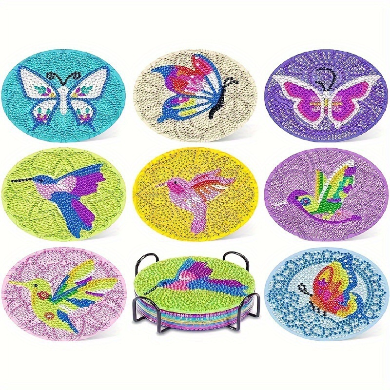 Ventas transfronterizas calientes de 8 piezas de conjunto de cojín de taza de arte de diamante, con soporte, pequeño conjunto de pintura de diamante, adecuado para adultos