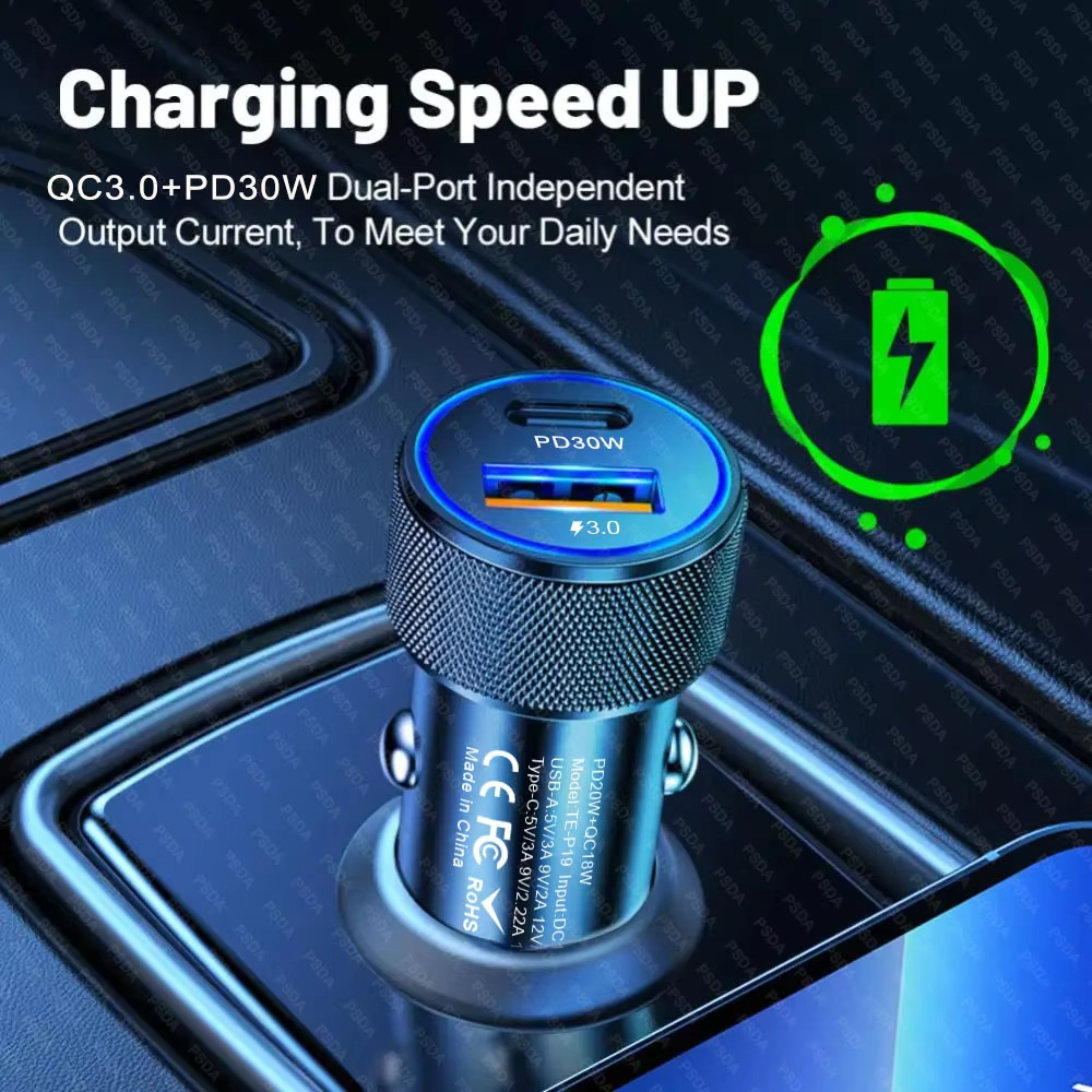 Cross-Border Hot-Selling 48W Qc3.0 Pd30W Car Fast Charger with Dual Ports