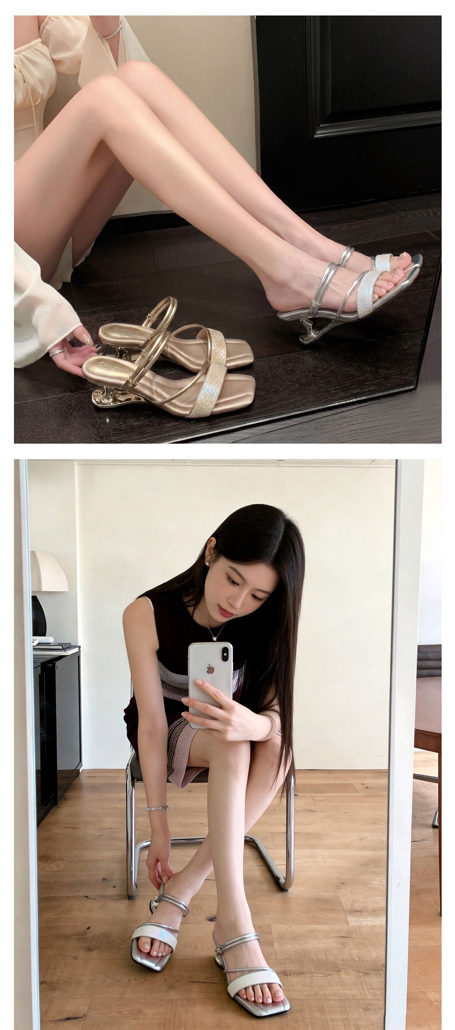 Sandal cao gót nữ quai mảnh mũi vuông hở mũi, gót dị hình, có thể xỏ kiểu một dây hoặc hai dây — màu vàng, bạc chi tiết 23