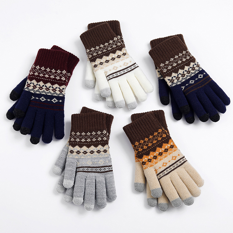 Autumn Winter Adult Warm Women's Jacquard Knitted Toucreen Yarn And Veet Anti Cold Finger Gloves_voghion.com
