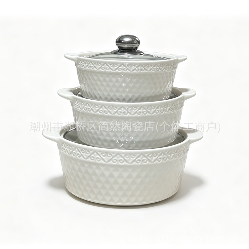 Ceramic soup pot, double-ear soup bowl, white embossed ceramic double-ear bowl with lid, creative household soup noodle bowl