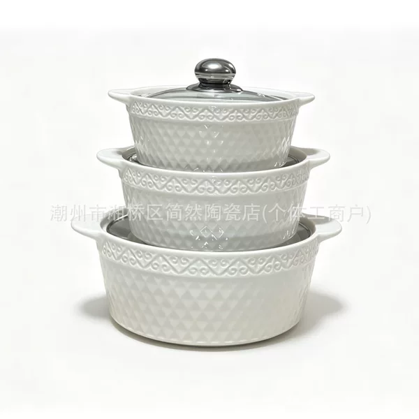 Ceramic soup pot, double-ear soup bowl, white embossed ceramic double-ear bowl with lid, creative household soup noodle bowl