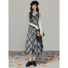秋冬季新款女装格子毛呢吊带裙子打底衫两件套法式复古连衣裙套装