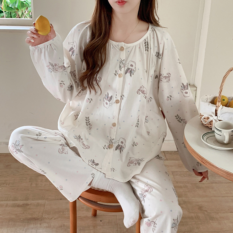 Class a All-Cotton Maternity Pajamas for Spring and Autumn, Postpartum Nursing Homewear Set, Cute and Fun Class a All-Cotton Maternity Pajamas for Spring and Autumn, Postpartum Nursing Homewear Set, Cute and Fun