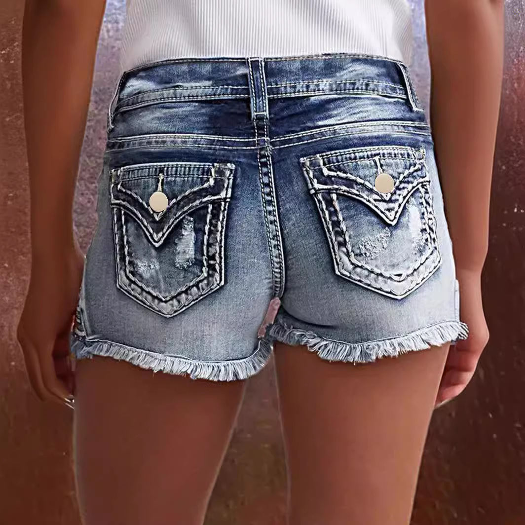 Women's European And American Fashion Ins Hot Style Elastic Patch Embroidered Ripped Denim Shorts_ecoleips.com