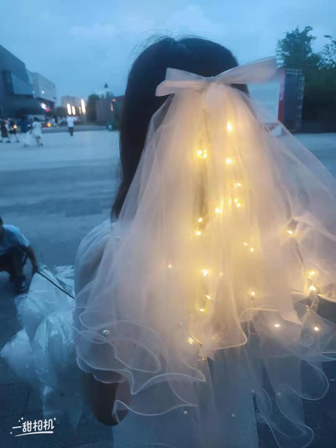 Bridal veil wedding dress short double-layer pearl bowknot internet-famous photo prop wedding party glowing children's veil