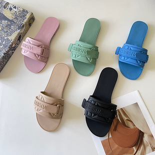 Embroidered Foreign Trade Slippers New Letter Velcro Outer Wear Beach All-match Casual Sandals Women's Shoes