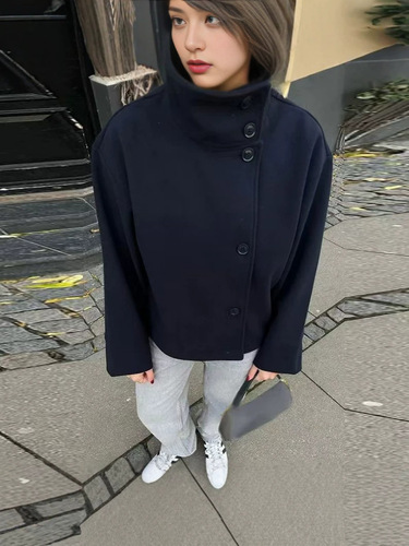 Cross-border Europe and America 2025 autumn and winter new women's clothing Amazon temperament elegant standing collar buttons long-sleeved woolen coat