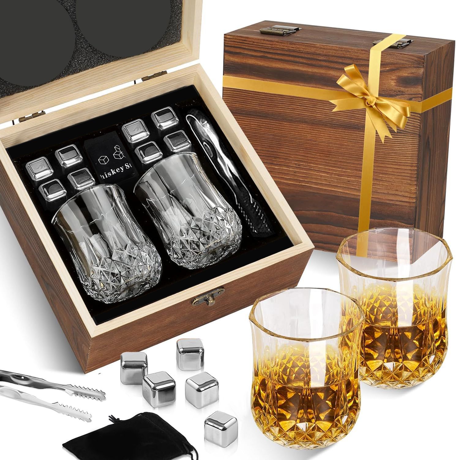 Juego de Vasos para Whisky con Piedras de Hielo y Caja de Madera, de Vidrio image 15