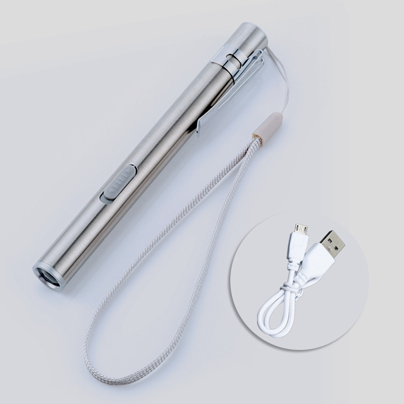 Usb 미니 충전식 손전등 스테인레스 스틸 라이트 눈동자 손전등 펜 모양의 LED 내장 리튬 배터리 소형 손전등