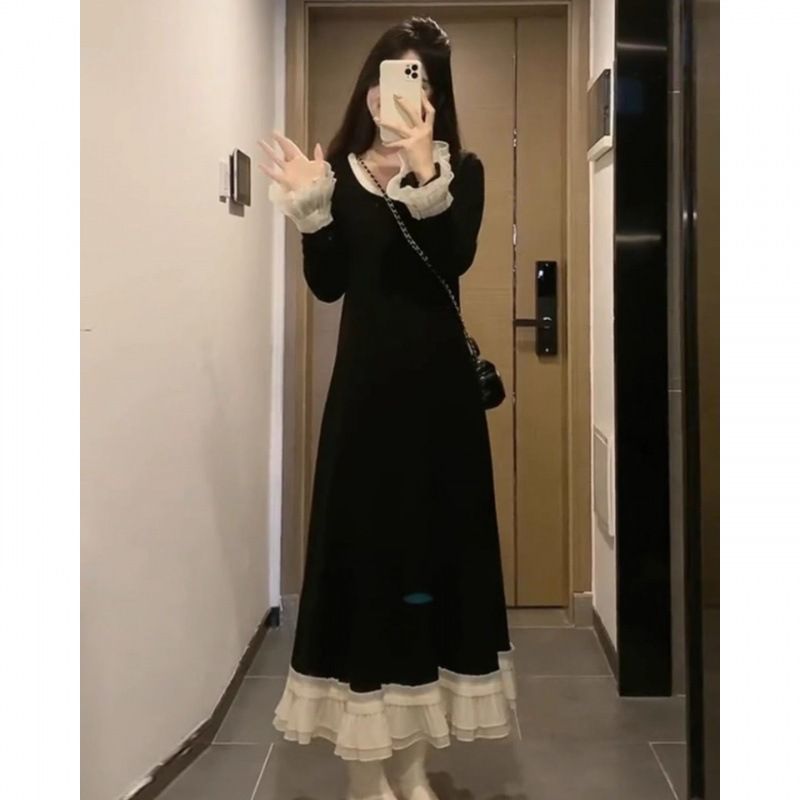 法式赫本风花边拼接针织长袖连衣裙女早秋款内搭收腰显瘦打底长裙|undefined