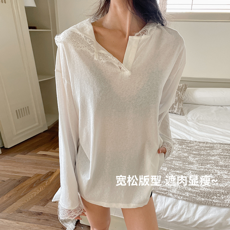 Lace Stitching Hooded Lace Long-sleeved T-shirt Women's Cotton Linen Spring and Summer Thin Loose Base Solid Color Outer Wear Top Lace Stitching Hooded Lace Long-sleeved T-shirt Women's Cotton Linen Spring and Summer Thin Loose Base Solid Color Outer Wear Top