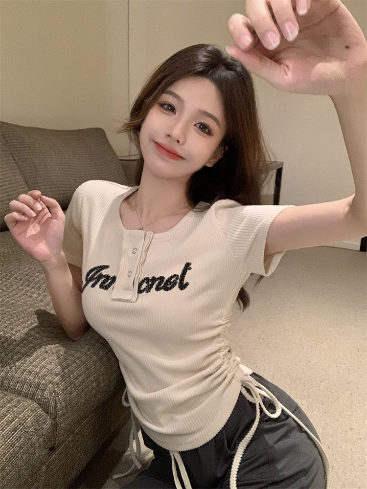 Sommer New Style American Sweet Cool Spicy Girl Kordelzug Kurzarm Abnehmen T-Shirt Ice Silk Weites Bein Lange Hosen_voghion.com
