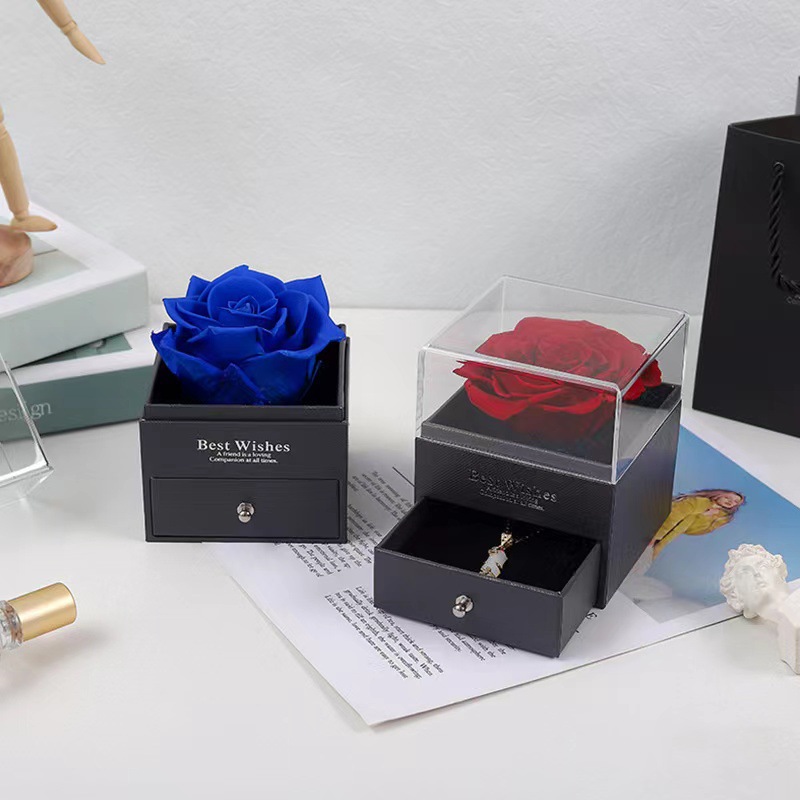 Caja de regalo de collar de rosa acrílica de flor eterna, caja de joyería para Navidad, San Valentín, regalo de cumpleaños, caja de regalo al por mayor