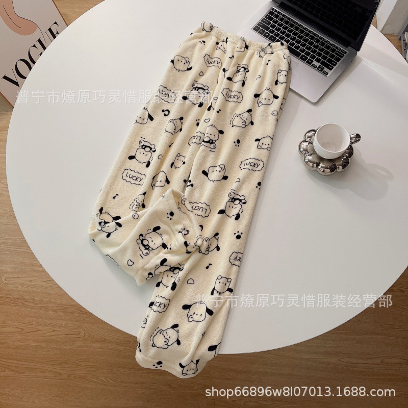 Pantalones de pijama de franela de coral de dibujos animados, pantalones de pijama de hombre, pantalones de invierno de otoño de mujer, pantalones caseros